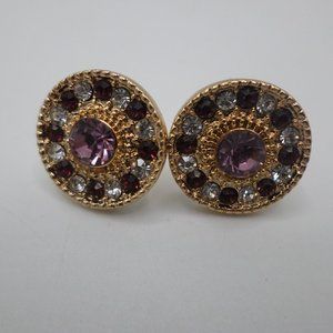 Round Sparkling Earrings Rhinestones Small Gold Tone
